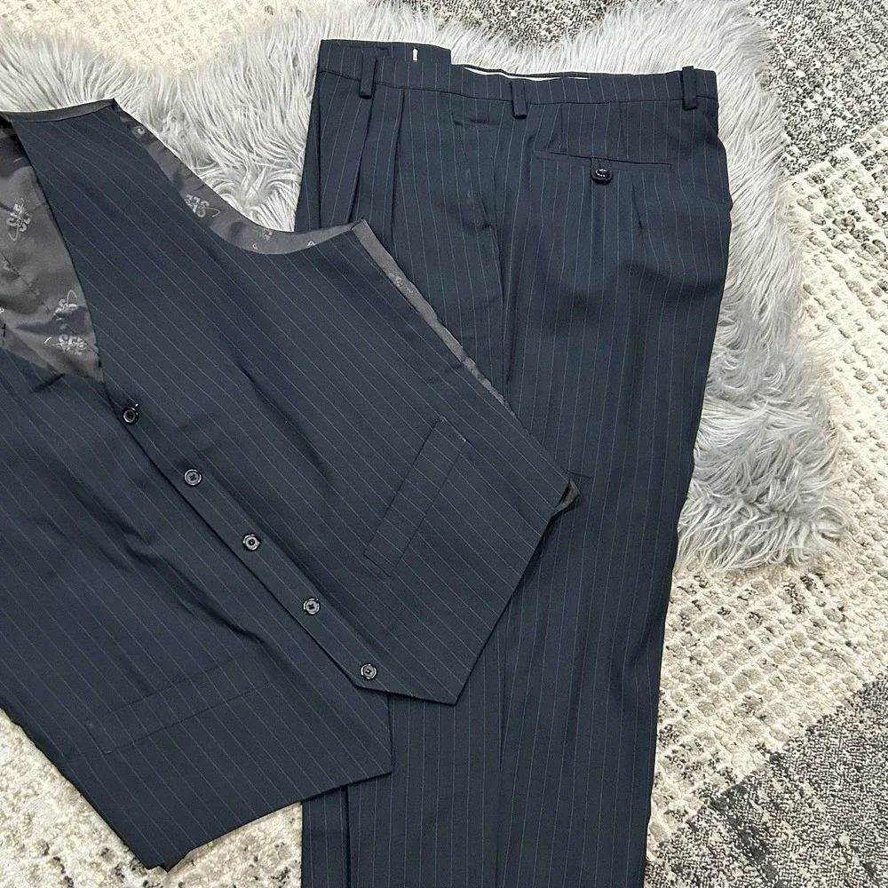 Custom‎ Tailor Mens Dark Navy Pinstripe 3 Piece Suit 38X30